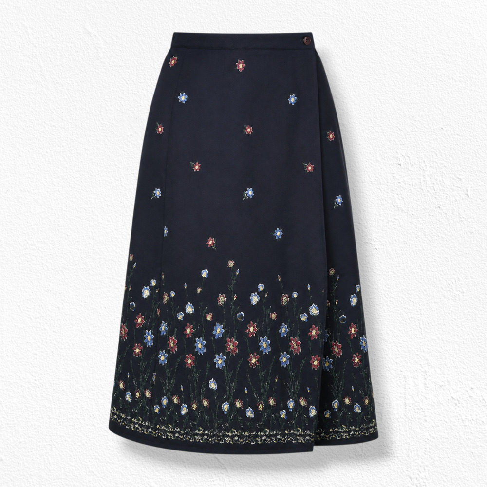 Vintage 1990s Black Floral Border Print Rayon True Wrap Midi Skirt Size 10P